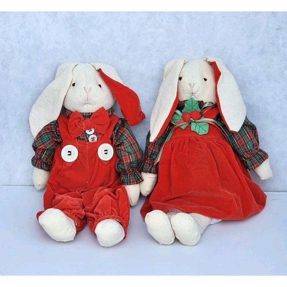 VTG Russ Berrie Bunnies Holiday Christmas Rabbit Plaid and Velvet Clothing 14"